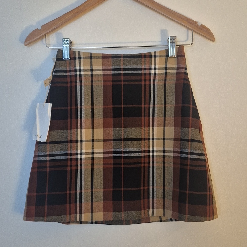 NWT Wilfred Aritzia Plaid Mini Skirt Brown Beige Preppy Dark Academia Size 00 - Picture 3 of 11